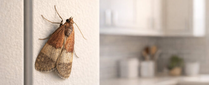 Adult pantry moth (Indian meal moth) resting on kitchen cabinet door